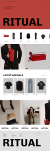 The Ritual theme is bold and graphic, with all caps text and a red, white, and black color palette. The store features cool photos of fashion. 